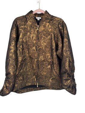 Per Se By Carlisle Jacket Gold brocade Size12  Zipper Front Ruched Sleeves women